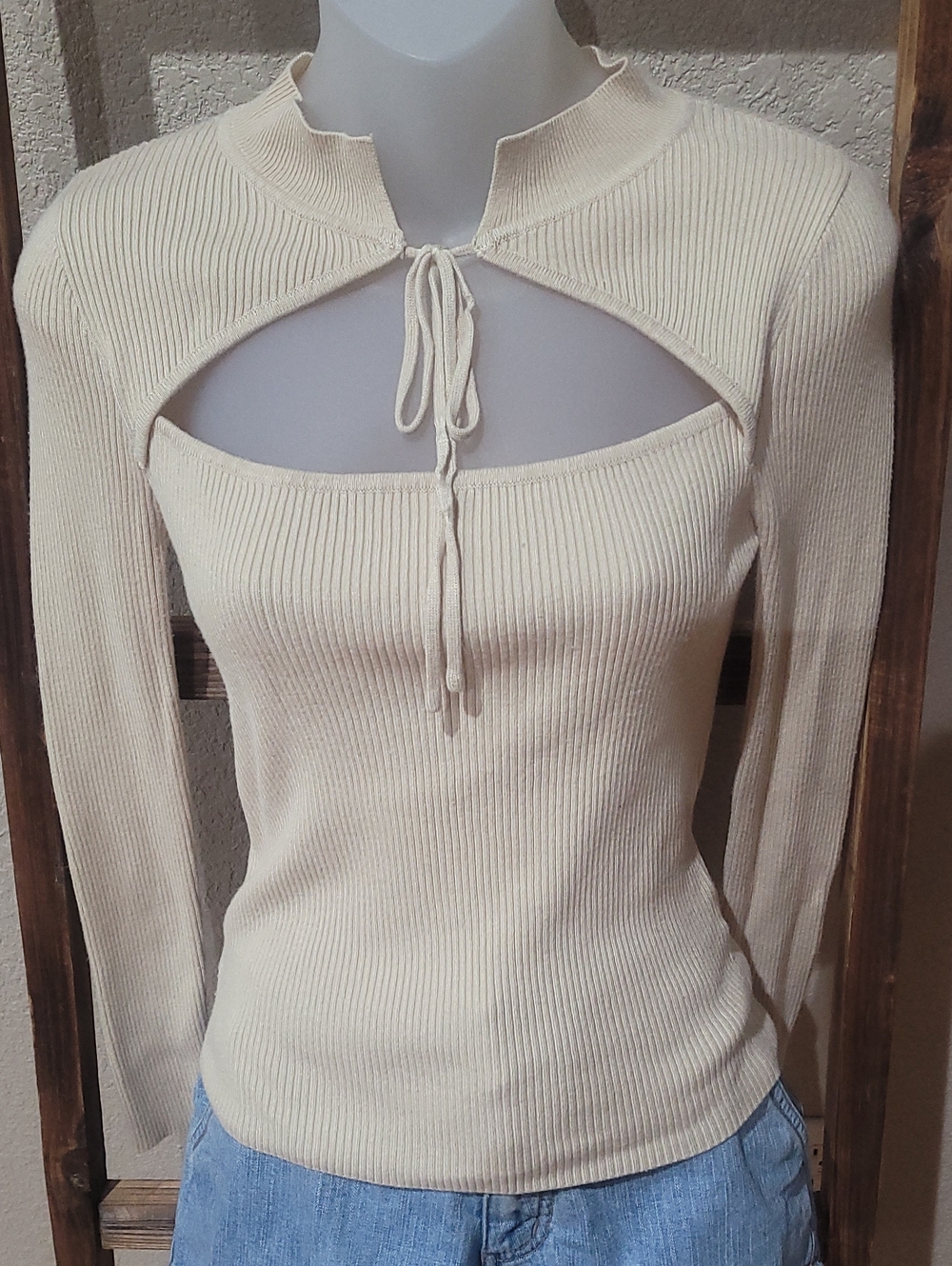 Alice Blue Cream Ribbed Cutout Tie-Front Long Sleeve Top